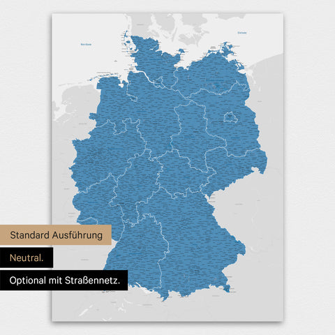 Neutrale und schlichte Standard-Ausführung einer Deutschland-Karte als Poster in Blau