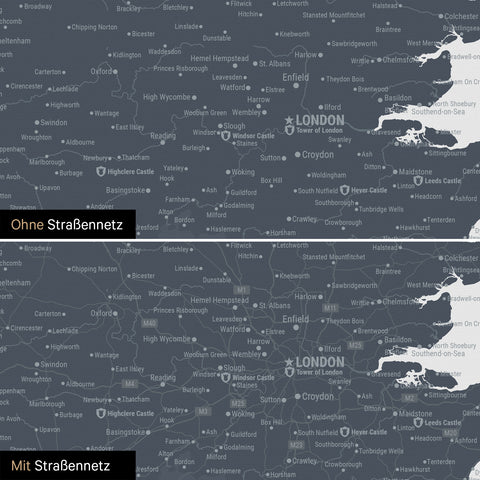 Mappa dell'Inghilterra (Gran Bretagna) e Irlanda TRAVEL® Mappa da puntine – Denim Blue