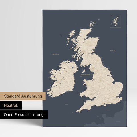 Neutral version of an England & Great Britain map in Hale Navy (blue-gold), without personalization