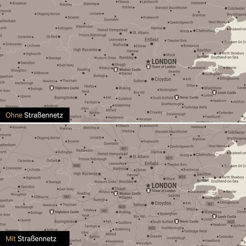 Mappa dell'Inghilterra (Gran Bretagna) e Irlanda TRAVEL® Mappa da puntine – Grigio caldo