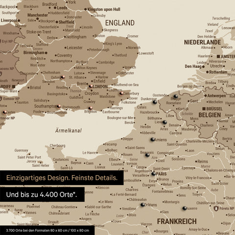 Europe map in multicolor brown as canvas for pinning shows a section of England, France, and Belgium with many details such as national parks, rivers, and numerous small towns and cities, some of which are marked with pins