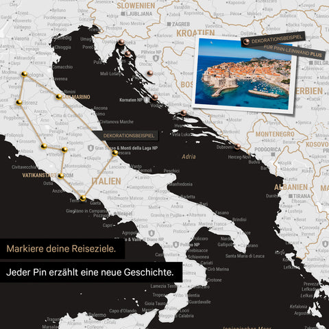 Modern Europe map in black and white as a Push Pin Map shows a section of Italy, Croatia, and Greece, where already visited travel destinations are marked with pins