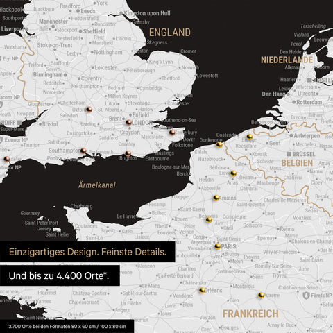 Europe map in black and white as a canvas for pinning shows a section of England, France, and Belgium with many details such as national parks, rivers, and numerous small towns and cities, some of which are marked with pins