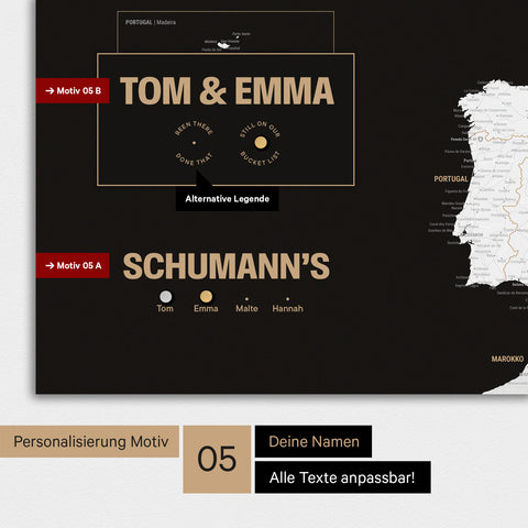 Magnetische Europa-Karte in einem modernen Design in Schwarz-Weiss als Magnet-Poster mit Personalisierung als Logo mit einer Weltkugel
