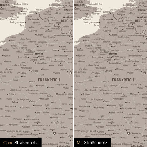 Mappa dell’Europa TRAVEL® Poster magnetico – Warmgray (Marrone-grigio)