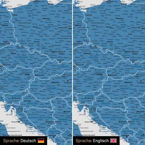 Europa Landkarte Design in Blau wahlweise in deutscher oder englischer Sprache