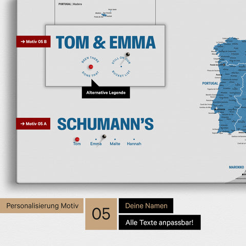 Europa-Karte in einem modernen Design in Blau als Pinn-Leinwand mit Personalisierung als Logo mit einer Weltkugel