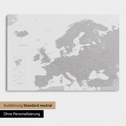 Neutrale Standard Ausführung der detaillierten Europakarte als Pinnwand Leinwand in Hellgrau ohne Personalisierung