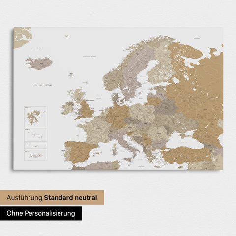 Neutrale Standard Ausführung der detaillierten Europakarte als Pinnwand Leinwand in Multicolor Beige ohne Personalisierung