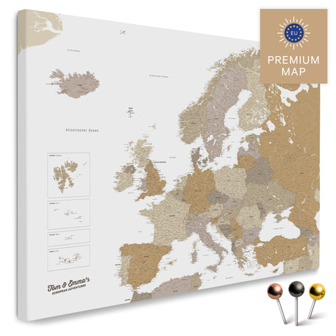 Europakarte in der Farbe Multicolor Beige in einem modernen, minimalistischem Design als Leinwand zum Pinnen von Reisen und Orten