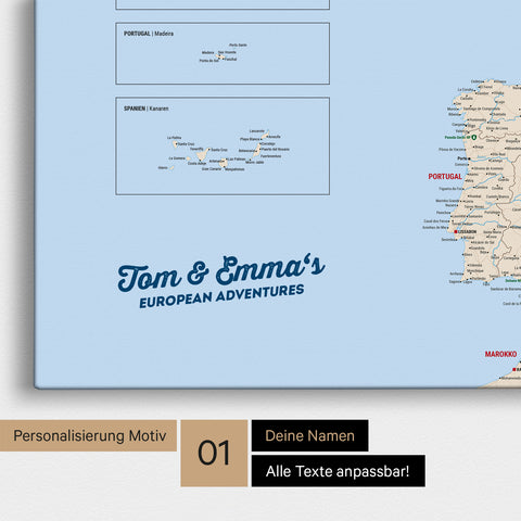 Map of Europe as a pinboard canvas in multicolor classic with personalization and name in a modern script font