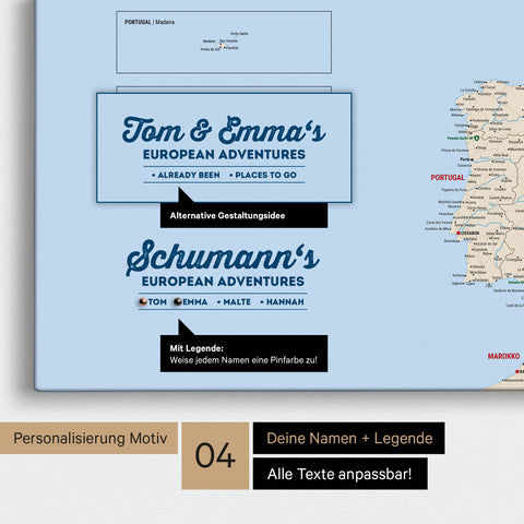 Europe map as canvas in Multicolor Classic with personalization as logo with family name and legend for places already visited and still want to visit
