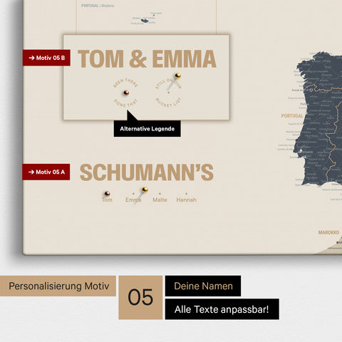 Europa-Karte in einem modernen Design in Navy Light als Pinn-Leinwand mit Personalisierung als Logo mit einer Weltkugel