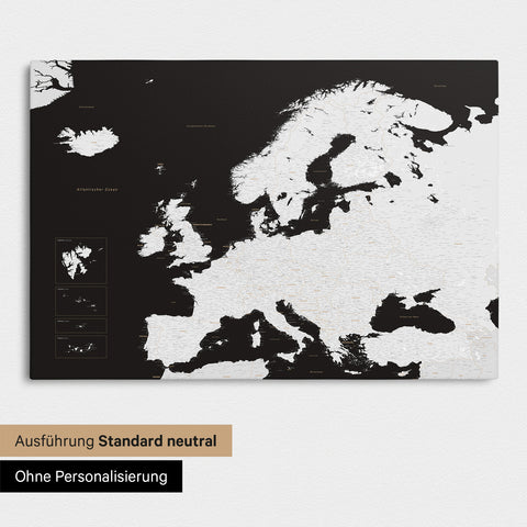 Neutral standard Version of the detailed Europe map as a pinboard canvas in black and white without personalization