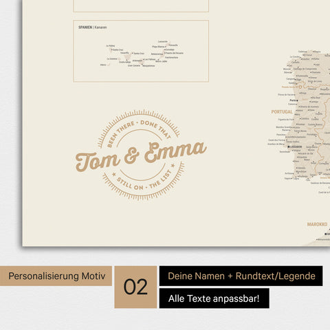 Landkarte von Europa als Poster in Gold mit Personalisierung als rundes Logo, das eine Legende für bereits besuchte Reiseziele im Rundtext beinhaltet