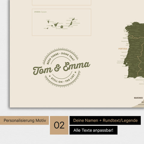 Landkarte von Europa als Poster in Grün mit Personalisierung als rundes Logo, das eine Legende für bereits besuchte Reiseziele im Rundtext beinhaltet