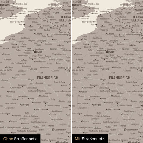 Mappa dell’Europa TRAVEL® Poster Premium – Warmgray (Grigio marrone)