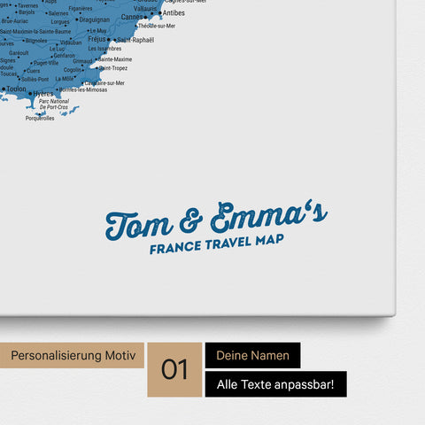 Landkarte von Frankreich als Pinnwand Leinwand in Blau mit Personalisierung und Namen in einer modernen Schreibschrift