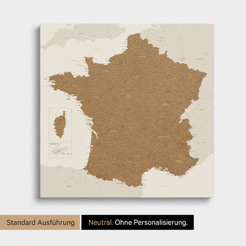 Neutrale Standard Ausführung der detaillierten Frankreich-Karte als Pinnwand Leinwand in Bronze ohne Personalisierung
