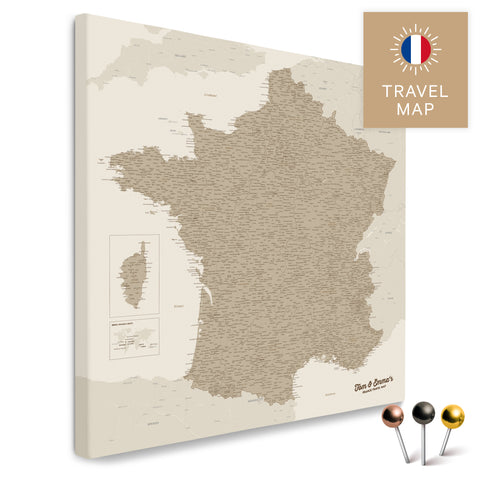 Map of France in the color Desert Sand in a modern, minimalist design as a canvas for pinning trips and places
