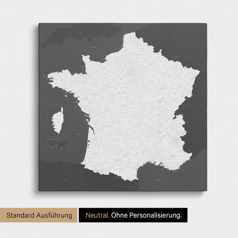 Neutrale Standard Ausführung der detaillierten Frankreich-Karte als Pinnwand Leinwand in Dunkelgrau ohne Personalisierung