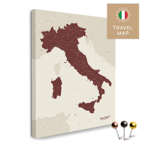 Italy map in the color Bordeaux red in a modern, minimalist design as a canvas for pinning trips and places