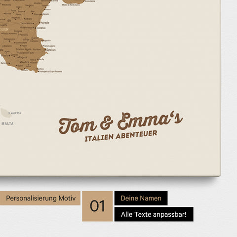 Landkarte von Italien als Pinnwand Leinwand in Bronze mit Personalisierung und Namen in einer modernen Schreibschrift