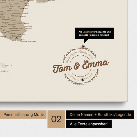 Italien-Karte Pinn-Leinwand in Beige mit Personalisierung als rundes Logo, das eine Legende für bereits besuchte Reiseziele im Rundtext beinhaltet