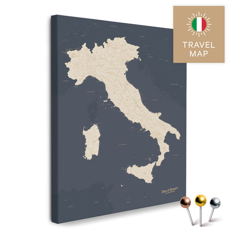 Italien-Landkarte in der Farbe Hale Navy (Dunkelblau Gold) in einem modernen, minimalistischem Design als Leinwand zum Pinnen von Reisen und Orten