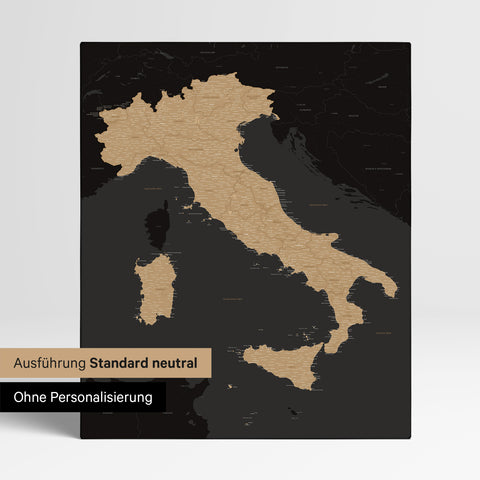 Neutrale Standard Ausführung der detaillierten Italien-Karte als Pinnwand Leinwand in Sonar Black (Schwarz-Gold) ohne Personalisierung