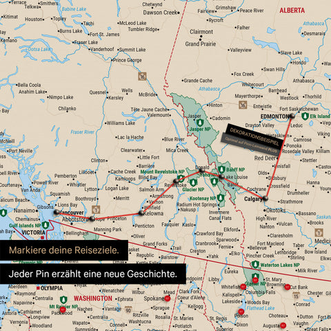 Detaillierte Kanada & USA Karte als Pinn-Leinand in Multicolor zeigt Pins ins Reisezielen von British Columbia und Washington