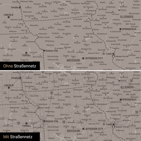Kanada & USA Karte Pinn-Leinwand in Warmgray (Braun-Grau) optional mit dem Straßennetz der größten Highways und Interstates