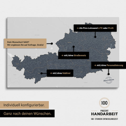 Konfigurationsmöglichkeiten einer Österreich-Landkarte mit Südtirol als Pinn-Leinwand in Denim Blue