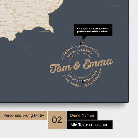 Pinnwand Leinwand einer Österreichkarte in Farbe Hale Navy mit personalisiertem Eindruck von Namen und einer Legende zum Markieren