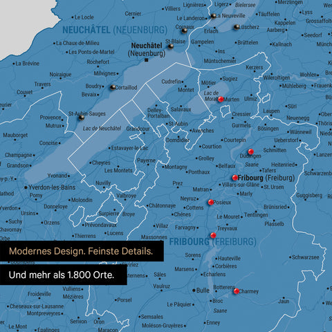Ausschnitte einer Schweizkarte in der Region Freiburg und Thunersee als Pinn-Leinwand in Blau mit 1.400 Orten