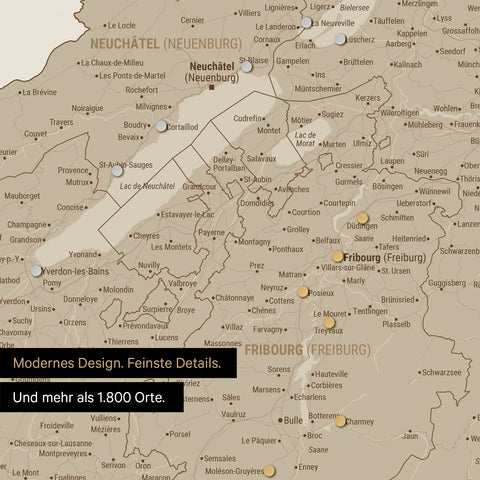 Ausschnitte einer Schweizkarte in der Region Freiburg und Thunersee in Desert Sand (Beige) mit 1.400 Orten
