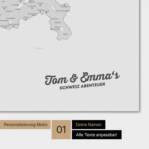 Magnetische Schweiz-Karte als Magnetboard in Multicolor Grau mit Personalisierung und eigedruckten Namen