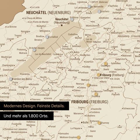 Ausschnitte einer Schweizkarte in der Region Freiburg und Thunersee in Treasure Gold mit 1.400 Orten