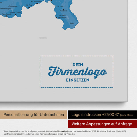 Schweiz-Karte als Pinn-Leinwand in Blau mit Eindruck eines Firmenlogos