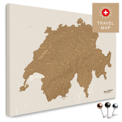 Schweiz-Landkarte in Bronze als Pinnwand Leinwand zum Pinnen und Markieren von Reisezielen kaufen