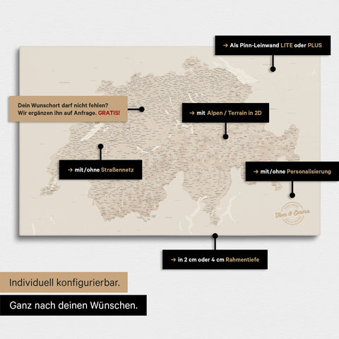 Vielfältige Konfigurationsmöglichkeiten einer Schweiz-Karte in Gold