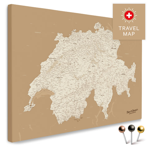 Schweiz-Landkarte in Treasure Gold als Pinnwand Leinwand zum Pinnen und Markieren von Reisezielen kaufen