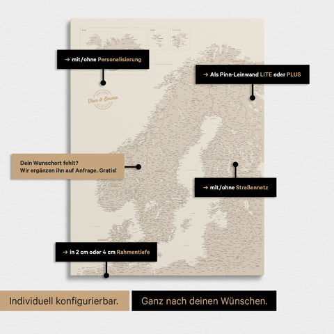 Konfigurationsmöglichkeiten einer Skandinavien-Landkarte als Pinn-Leinwand in Gold
