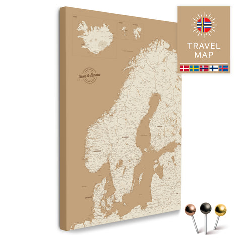 Skandinavien-Karte in Treasure Gold als Pinnwand Leinwand zum Pinnen und Markieren von Reisezielen kaufen