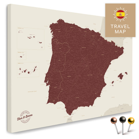 Spanien- & Portugal-Landkarte in der Farbe Bordeaux-Rot in einem modernen, minimalistischem Design als Leinwand zum Pinnen von Reisen und Orten