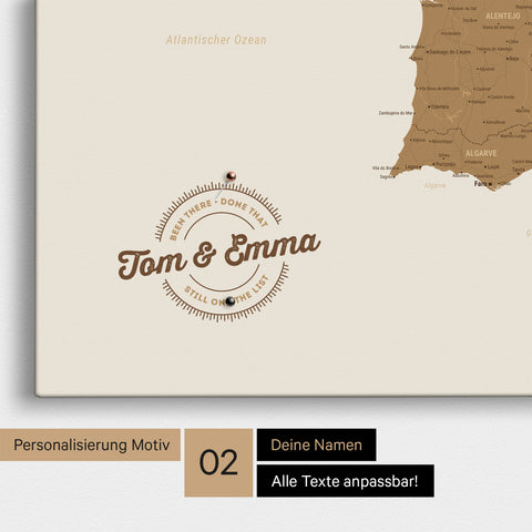 Spanien- & Portugal-Karte Pinn-Leinwand in Bronze mit Personalisierung als rundes Logo, das eine Legende für bereits besuchte Reiseziele im Rundtext beinhaltet