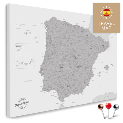 Spanien- & Portugal-Landkarte in der Farbe Hellgrau in einem modernen, minimalistischem Design als Leinwand zum Pinnen von Reisen und Orten