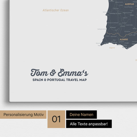 Landkarte von Spanien- & Portugal als Pinnwand Leinwand in Denim Blue mit Personalisierung und Namen in einer modernen Schreibschrift