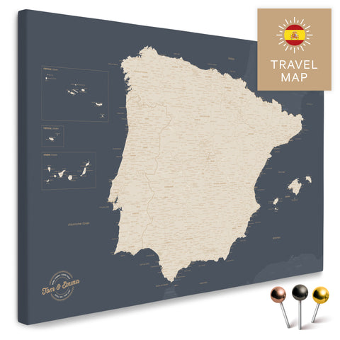 Spanien- & Portugal-Landkarte in der Farbe Hale Navy in einem modernen, minimalistischem Design als Leinwand zum Pinnen von Reisen und Orten