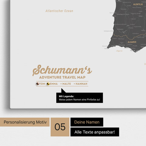 Spanien- & Portugal-Karte als Leinwand in Light Gray mit Personalisierung als Logo mit Familiennamen und Legende für Orte, die man bereits besucht hat und noch besuchen möchte